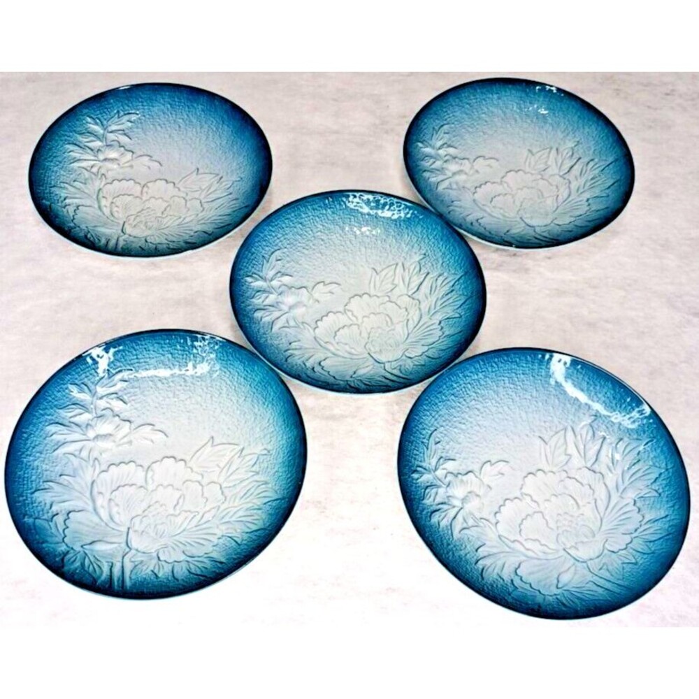 5 Japanese Arita Mansen Blue Plates 7.25" Embossed Floral 20th Century Showa 3D